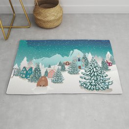 Rural winter landscape with houses, mountain and cute groundhog Rug