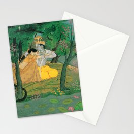 Radha and Krishna embrace in a grove of flowering trees Stationery Card