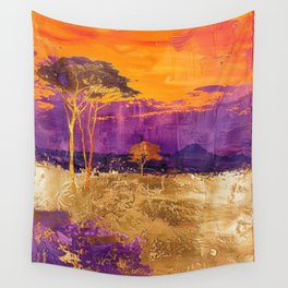 Ethereal African Sunset: Shimmery Gold, Purple, and Orange Landscape Art by Saletta Home Decor Wall Tapestry