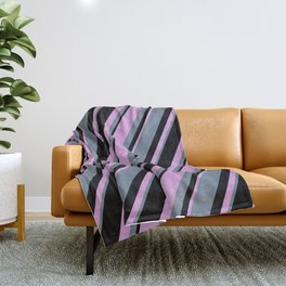 [ Thumbnail: Plum, Slate Gray, and Black Colored Lines Pattern Throw Blanket ]