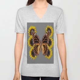 BROWN BUTTERFLY & YELLOW SUNFLOWERS V Neck T Shirt