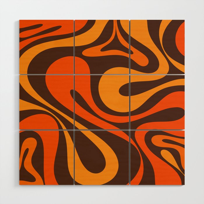 Mod Swirl Retro Abstract Pattern in 70s Brown and Orange  Wood Wall Art