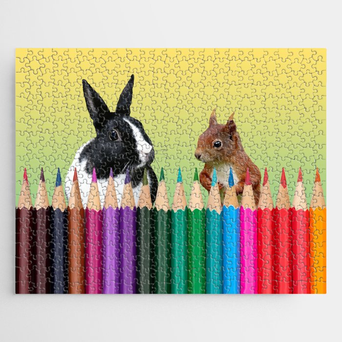 Colored Pencils - Squirrel & black and white Bunny - Rabbit Jigsaw Puzzle