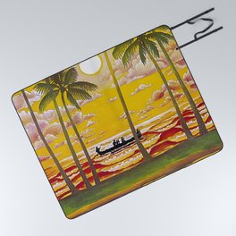 Surf Hawaii, Outrigger, Fly Hawaiian Air Vintage Travel Poster Picnic Blanket
