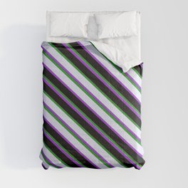 [ Thumbnail: Forest Green, Lavender, Dark Orchid, and Black Colored Striped Pattern Comforter ]