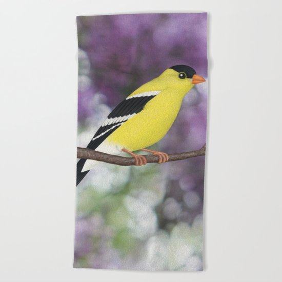 American goldfinch male bokeh Beach Towel