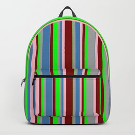 [ Thumbnail: Colorful Dark Grey, Blue, Pink, Maroon, and Lime Colored Lined/Striped Pattern Backpack ]