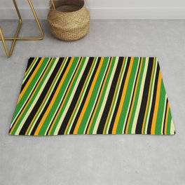 [ Thumbnail: Orange, Forest Green, Pale Goldenrod, and Black Colored Lined/Striped Pattern Rug ]