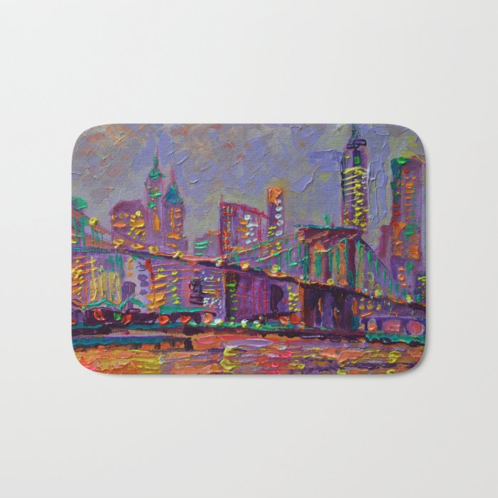 New York City Lights Palette Knife Painting Abstract Manhattan Skyline Brooklyn Bridge Bath Mat By Adrianadziubaart Society6
