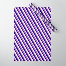 [ Thumbnail: Orchid, Blue & Beige Colored Striped Pattern Wrapping Paper ]