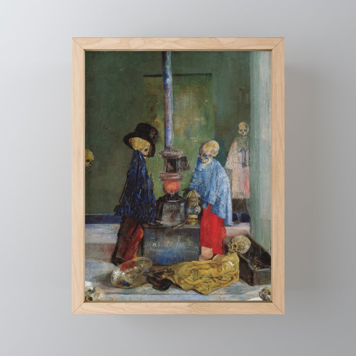 Skeletons warming themselves by old potbelly stove in abandoned factory grotesque art portrait painting by James Ensor Framed Mini Art Print
