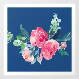 Blue and Pink Peony Watercolor Art Print