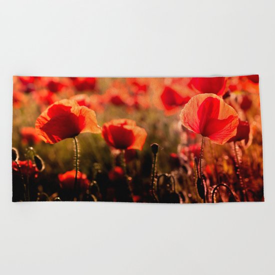 Fiery poppy field - Red Poppies Flowers Beach Towel