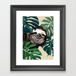 Sneaky Sloth with Monstera Framed Art Print