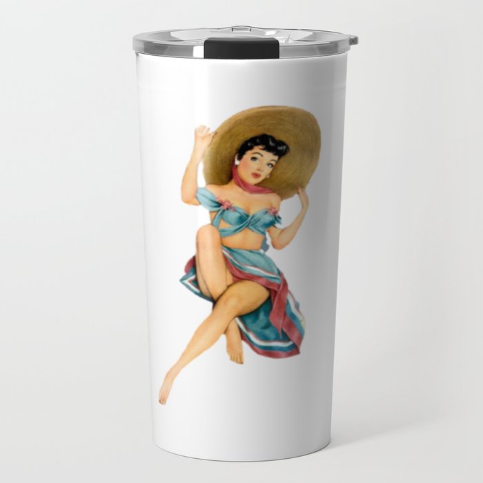 Sexy Brunette Pin Up With Straw Hat Red And Blue Vintage Dress Travel Mug