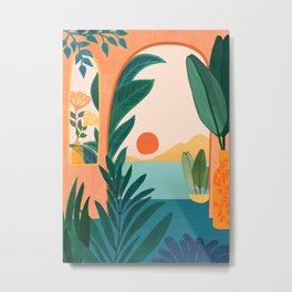 Tropical Evening Sunset Landscape Metal Print | Illustration, Paradise, Sunset, View, Jungle, Island, Plants, Tropical, Villa, Art 