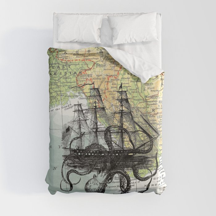 Octopus Attacks Ship on map background Duvet Cover