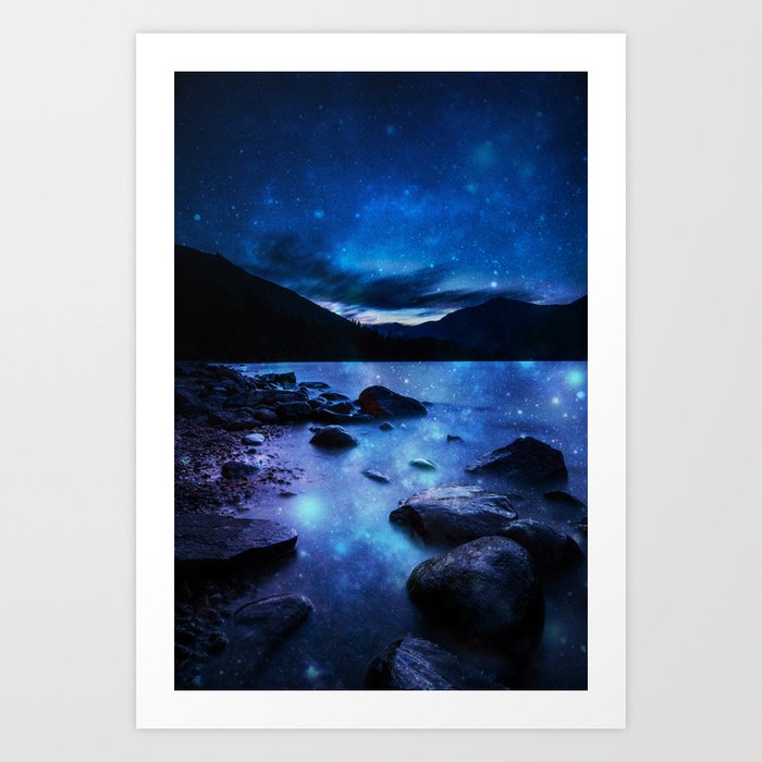 Magical Mountain Lake Dark Blue Art Print