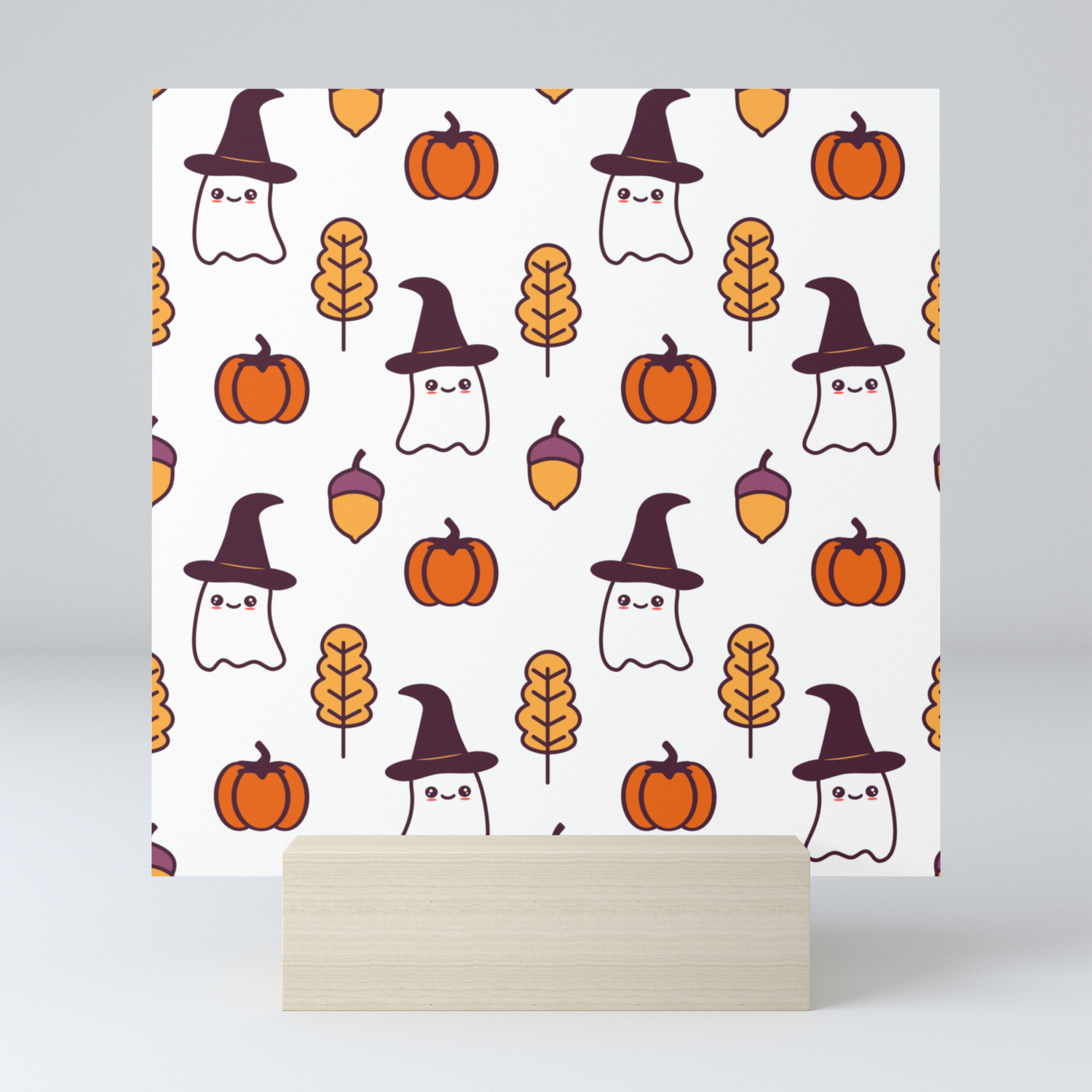 cute cartoon halloween pattern background with ghosts, pumpkins, leaves and  acorns Mini Art Print by Alice Vacca | Society6