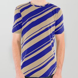 [ Thumbnail: Tan & Dark Blue Colored Stripes/Lines Pattern All Over Graphic Tee ]