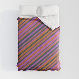 [ Thumbnail: Chocolate, Dark Slate Gray, and Orchid Colored Striped Pattern Comforter ]