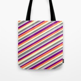 [ Thumbnail: Colorful Light Yellow, Gray, Light Gray, Purple & Coral Colored Lines/Stripes Pattern Tote Bag ]