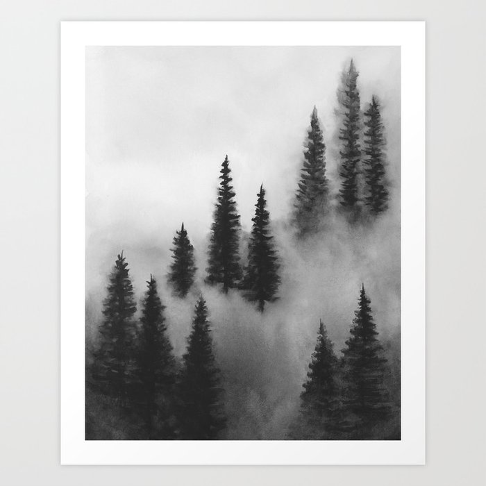 Trees Above the Fog III, Black and White Wall Art, Foggy Forest Watercolor Painting, Rustic Modern Mountain Home Décor Art Print