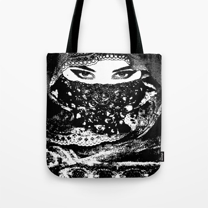 Exotic-eyed Mystery Lady (series) - Close-up of the Beautiful Eyes of a Young Woman Wearing a Bridal Hijab - Aesthetic Woman Portrait - Monochrome - Amazing Black and White Ink painting - Tote Bag