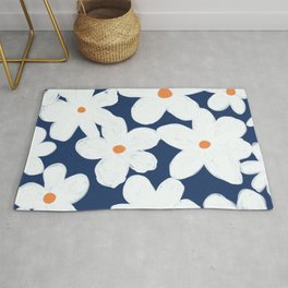 Eclectic Chamomile Wildflowers on Dark Blue Area & Throw Rug