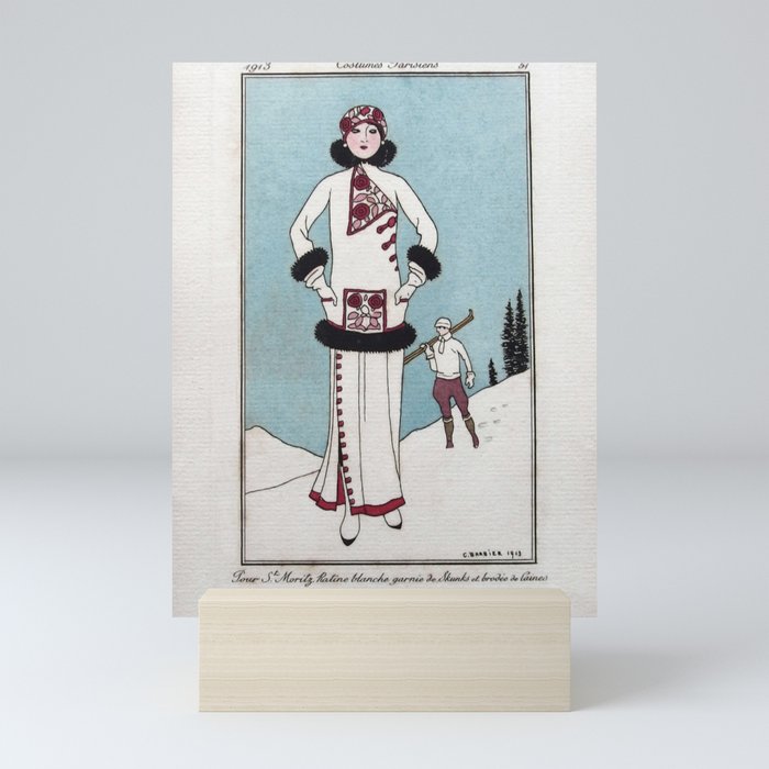 George Barbier - Vintage Fashion illustration - Winter Skiing Mini Art Print