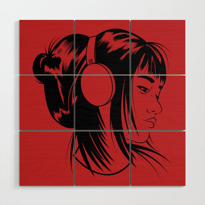 Anime Girl With Headphones (Red Background) Wood Wall Art