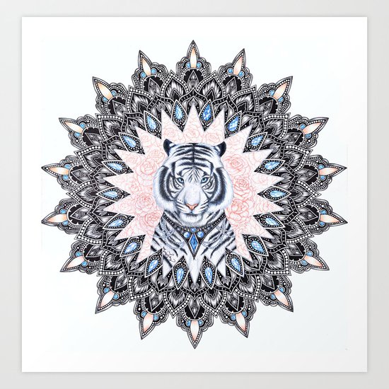 White Tiger Sapphire and Rose Mandala Art Print