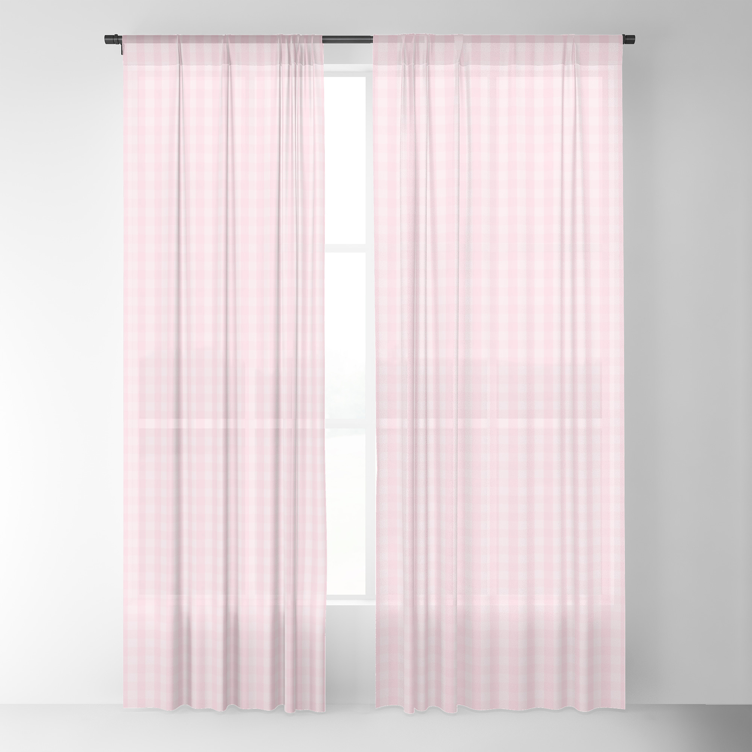 Mini Light Soft Pastel Pink Gingham Check Plaid Sheer Curtain By