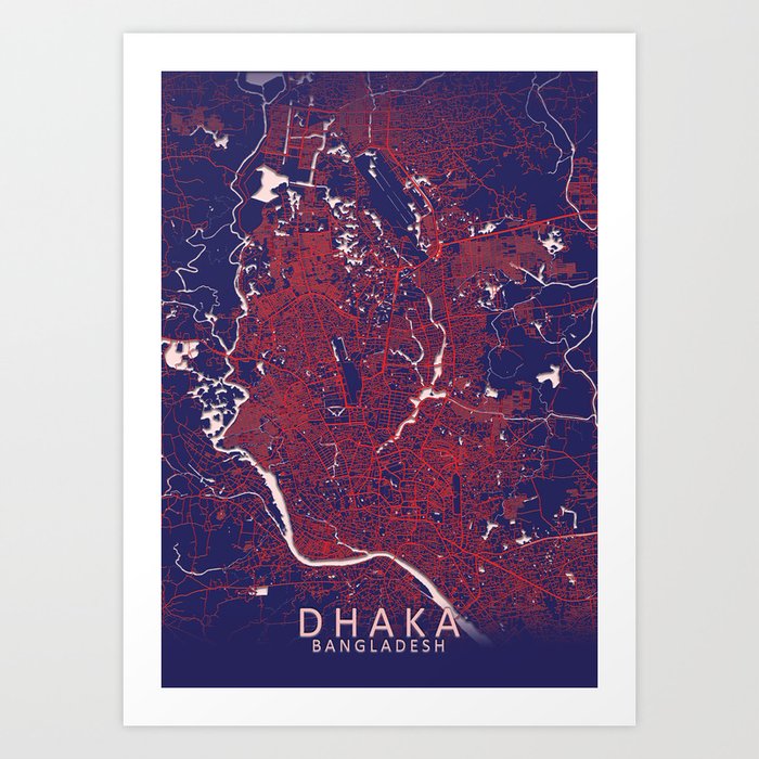 Dhaka, Bangladesh, Blue, White, City, Map Art Print