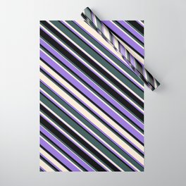 [ Thumbnail: Dark Slate Gray, Beige, Purple & Black Colored Lined Pattern Wrapping Paper ]