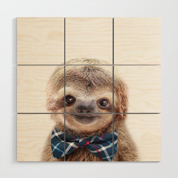 Baby Sloth With Blue Bowtie, Baby Boy, Nursery, Baby Animals Art Print by Synplus Wood Wall Art