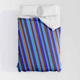 [ Thumbnail: Midnight Blue, Chocolate, Deep Sky Blue & Blue Colored Striped/Lined Pattern Comforter ]
