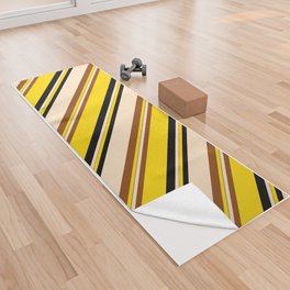 [ Thumbnail: Yellow, Brown, Bisque & Black Colored Pattern of Stripes Yoga Towel ]