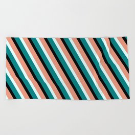 [ Thumbnail: Dark Salmon, Light Cyan, Teal & Black Colored Lined/Striped Pattern Beach Towel ]