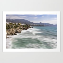 Nerja Coastline Art Print | Europe, Blue, Nerja, Wave, Rocks, Mediterranean, Seascape, Shoreline, Village, Summer 