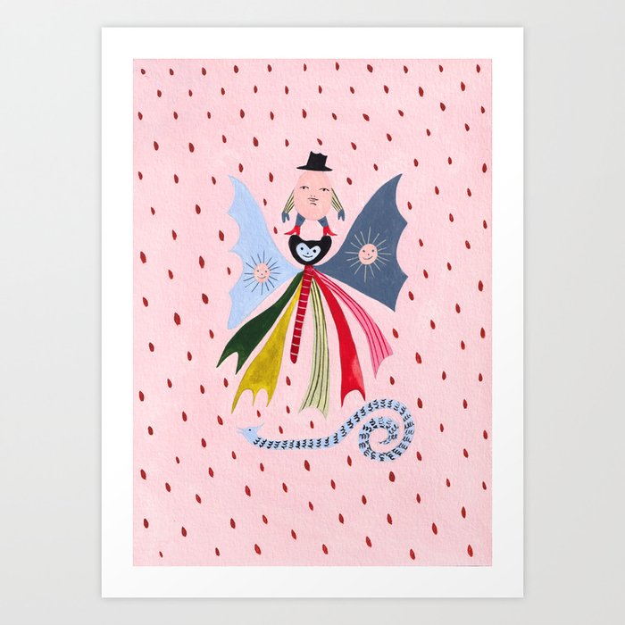 Eggman, Butterfly and Snake Art Print | Painting, Gouache, Estee-preda, Surreal, Eggman, Butterfly, Snake, Pastel-colors, Children's-art, Naive-painting