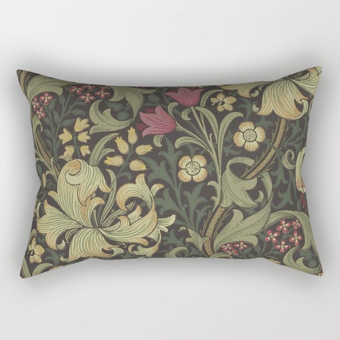William Morris Vintage Golden Lily Black Charcoal Olive Green Rectangular Pillow