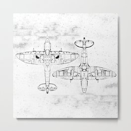 Spitfire Mk. XIV (Light) Metal Print | Raf, Wwi, Ink Pen, Blueprint, Digital, Vintage, Aircraft, Aeroplane, Technical, Drawing 