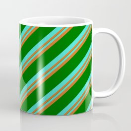 [ Thumbnail: Turquoise, Chocolate & Dark Green Colored Stripes Pattern Coffee Mug ]