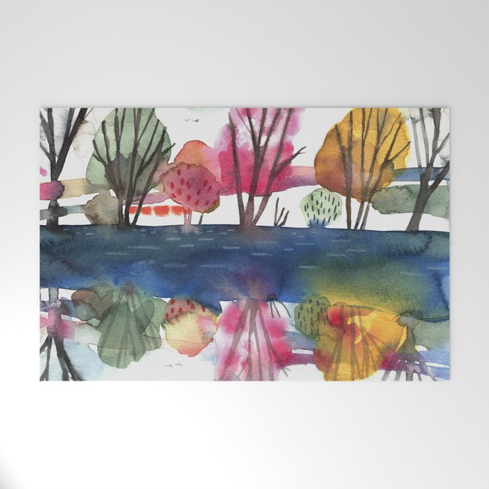 River Landscape Watercolor Painting Welcome Mat