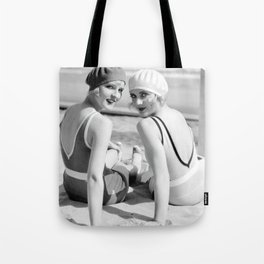 1920's flapper Hollywood beach bathing beauties Carole Lombard and Diane Ellis portrait black and white photograph - photography - photographs Tote Bag