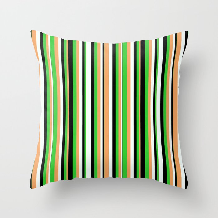 Brown, Lime Green, Black & Mint Cream Colored Stripes Pattern Throw Pillow