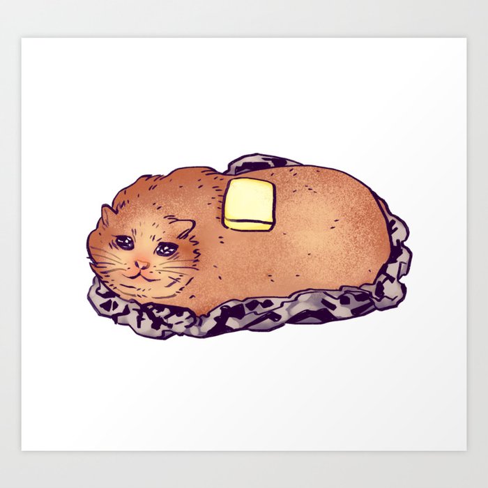 sad teary eyes baked butter potato cat Art Print