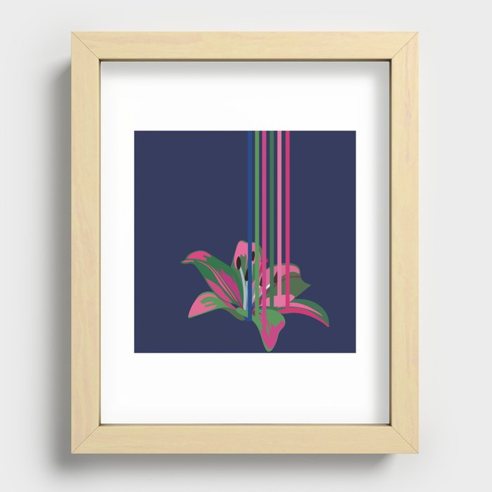 Lily - Pink Floral Stripe Art Pattern on Dark Blue Recessed Framed Print