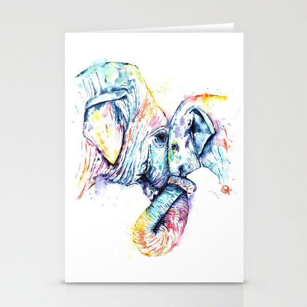 Elephant Mom and Baby Painting - Colorful Watercolor Painting by Whitehouse Art Stationery Cards